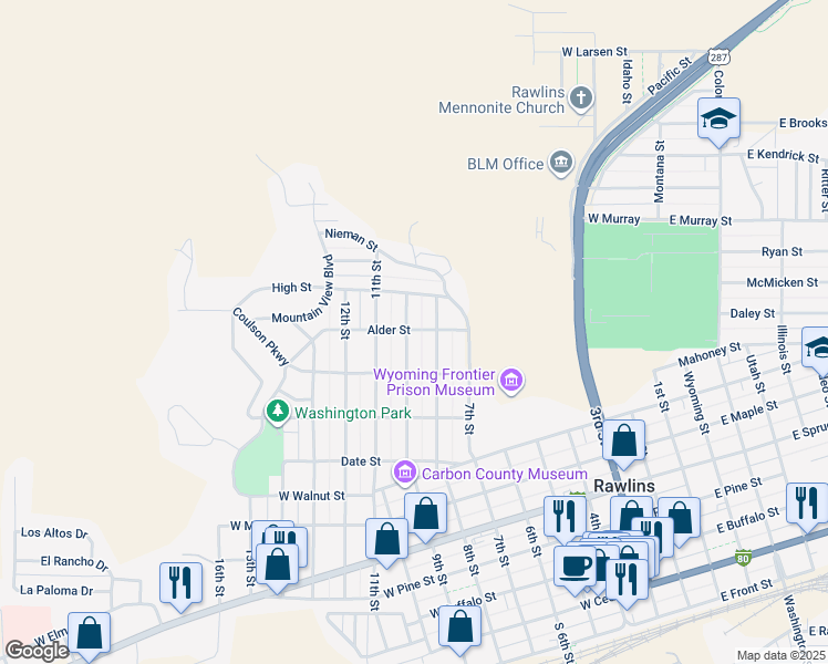 map of restaurants, bars, coffee shops, grocery stores, and more near 1101-1121 9th Street in Rawlins