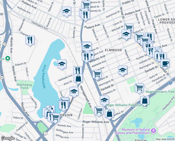 map of restaurants, bars, coffee shops, grocery stores, and more near 591 Elmwood Avenue in Providence