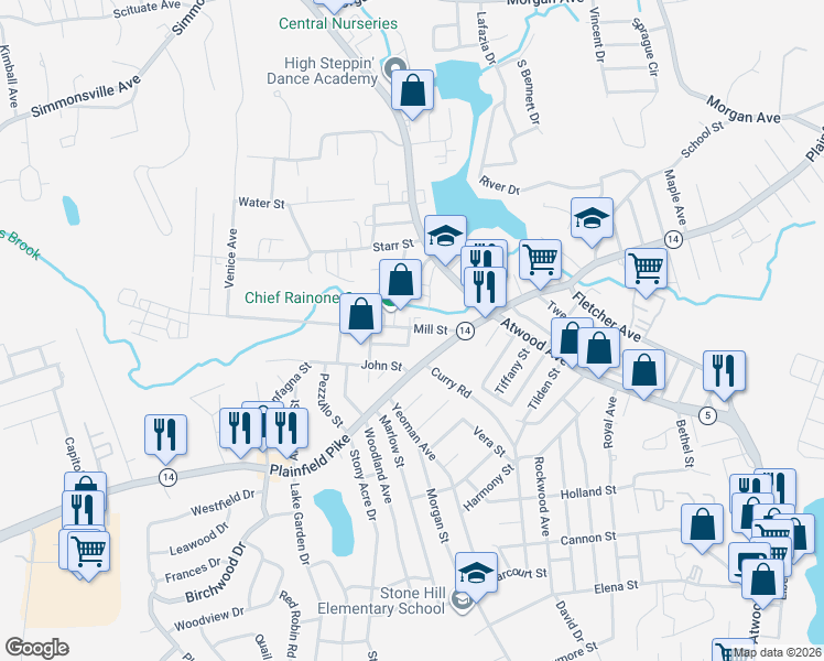map of restaurants, bars, coffee shops, grocery stores, and more near 27 Mill Street in Johnston