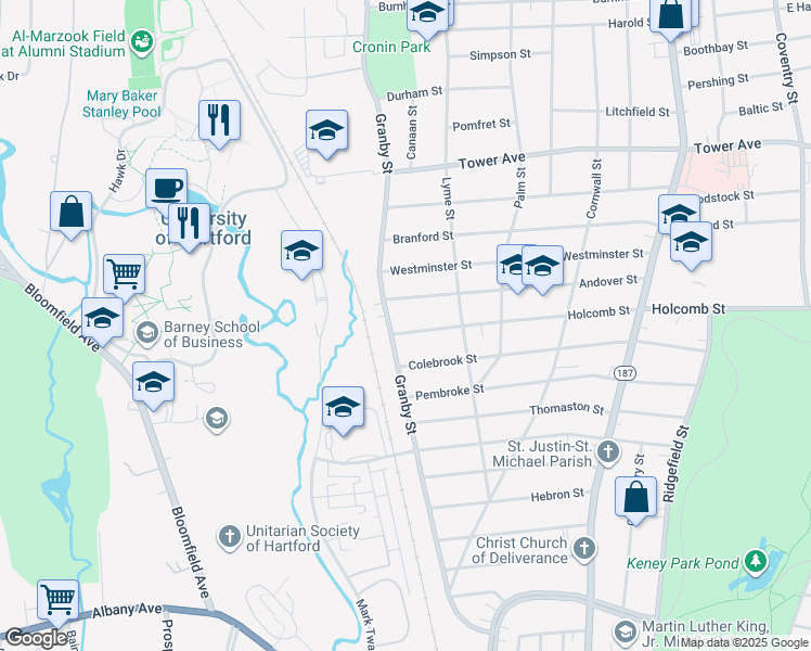 map of restaurants, bars, coffee shops, grocery stores, and more near 304 Granby Street in Hartford