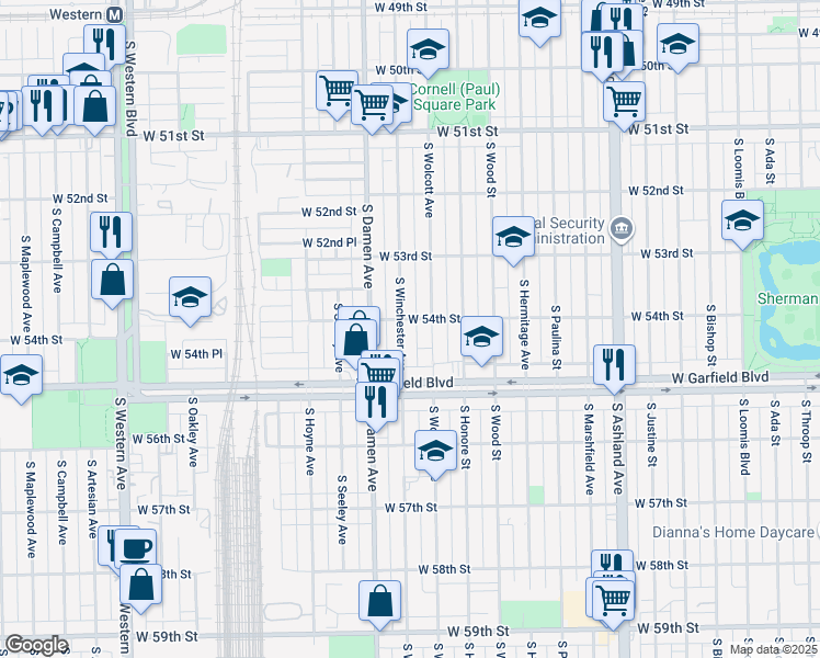map of restaurants, bars, coffee shops, grocery stores, and more near 5356 South Winchester Avenue in Chicago