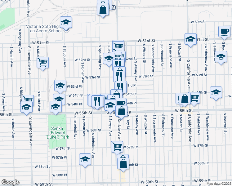 map of restaurants, bars, coffee shops, grocery stores, and more near 5341 South Kedzie Avenue in Chicago