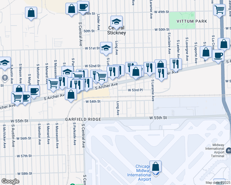map of restaurants, bars, coffee shops, grocery stores, and more near 5317 Long Avenue in Chicago