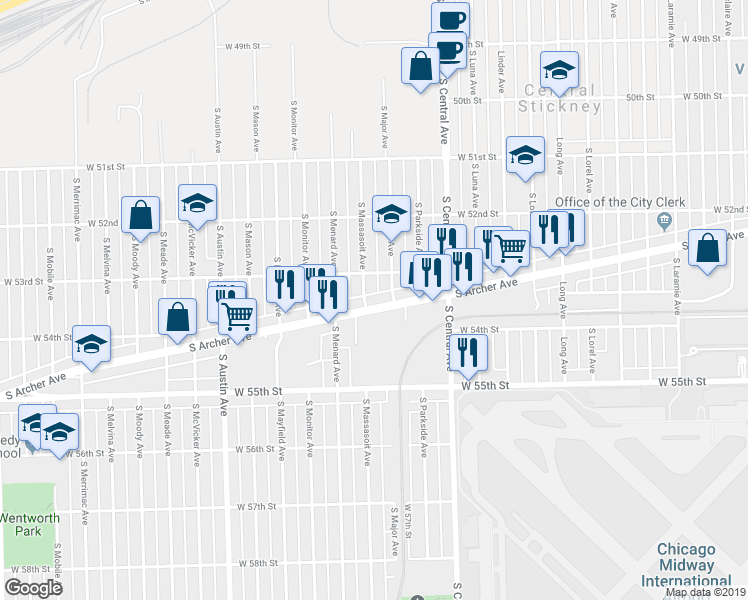 map of restaurants, bars, coffee shops, grocery stores, and more near 5310 South Major Avenue in Chicago