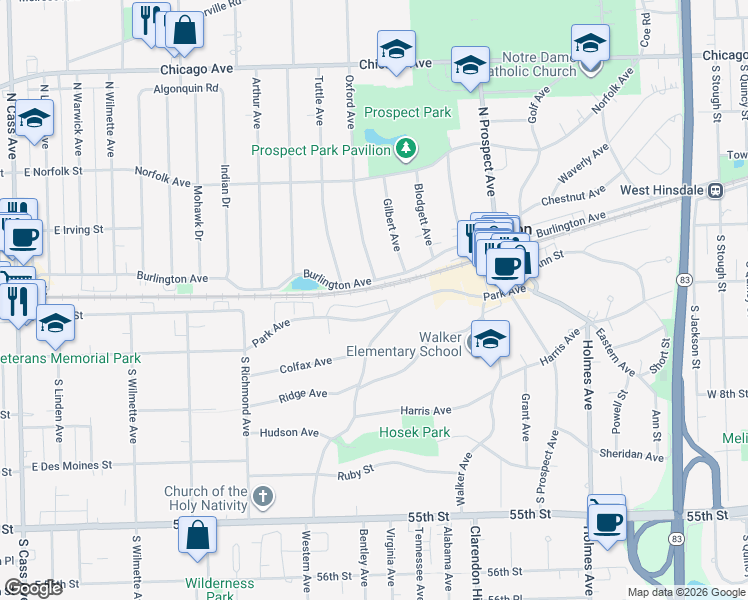 map of restaurants, bars, coffee shops, grocery stores, and more near 2 Oxford Avenue in Clarendon Hills