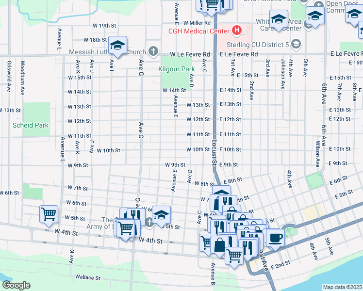 map of restaurants, bars, coffee shops, grocery stores, and more near 405 West 11th Street in Sterling