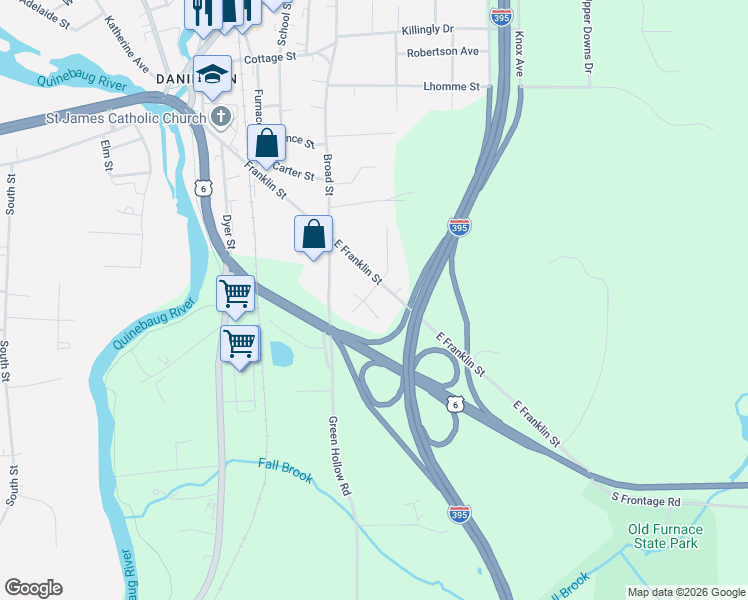 map of restaurants, bars, coffee shops, grocery stores, and more near 11 Jefferson Drive in Killingly