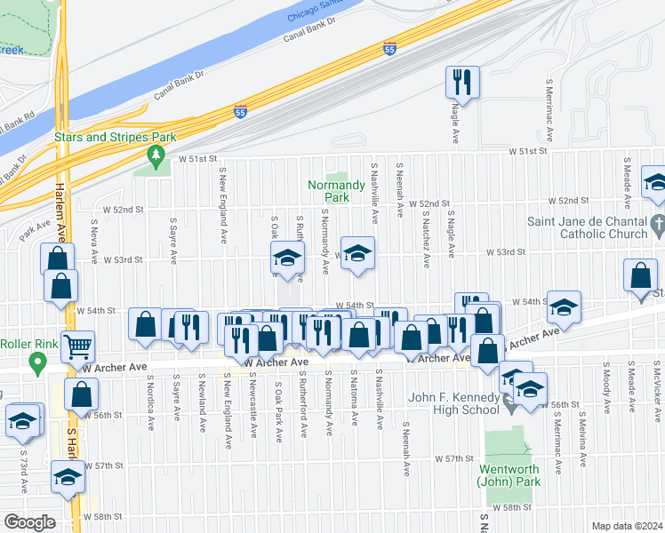 map of restaurants, bars, coffee shops, grocery stores, and more near 5309 South Normandy Avenue in Chicago