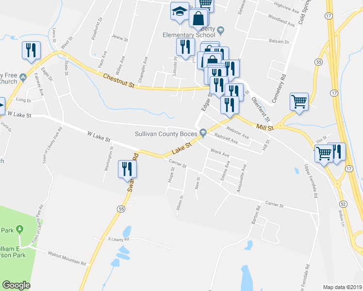 map of restaurants, bars, coffee shops, grocery stores, and more near 97 Lake Street in Liberty
