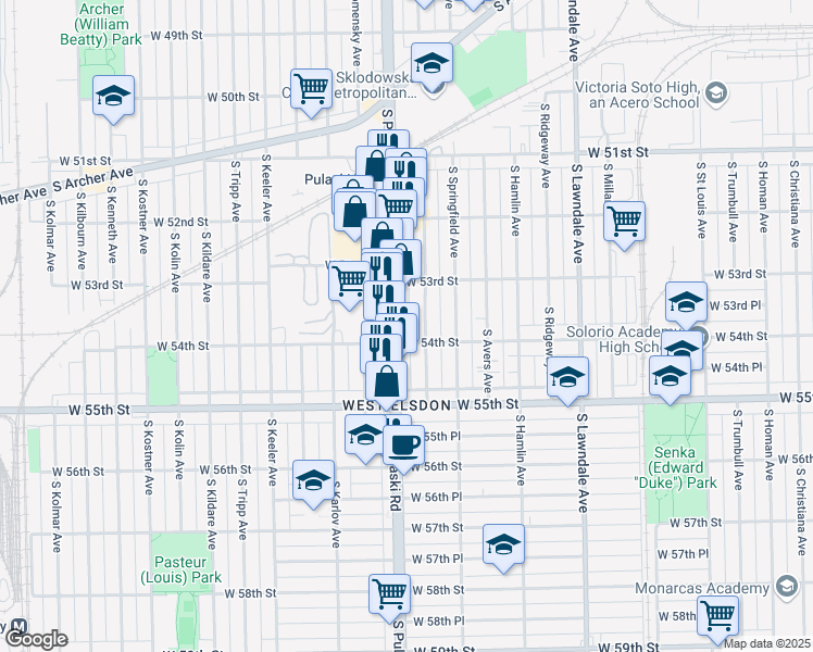 map of restaurants, bars, coffee shops, grocery stores, and more near 5335 South Pulaski Road in Chicago