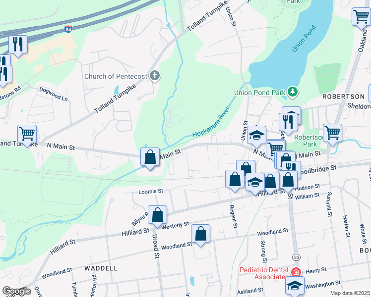 map of restaurants, bars, coffee shops, grocery stores, and more near North Main Street in Manchester