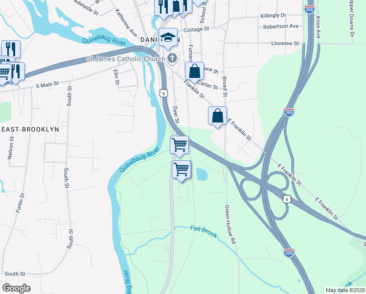 map of restaurants, bars, coffee shops, grocery stores, and more near 23 Quinebaug River Trail in Killingly