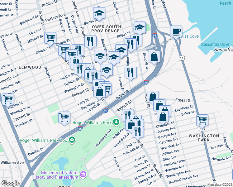 map of restaurants, bars, coffee shops, grocery stores, and more near 201 Pavilion Avenue in Providence