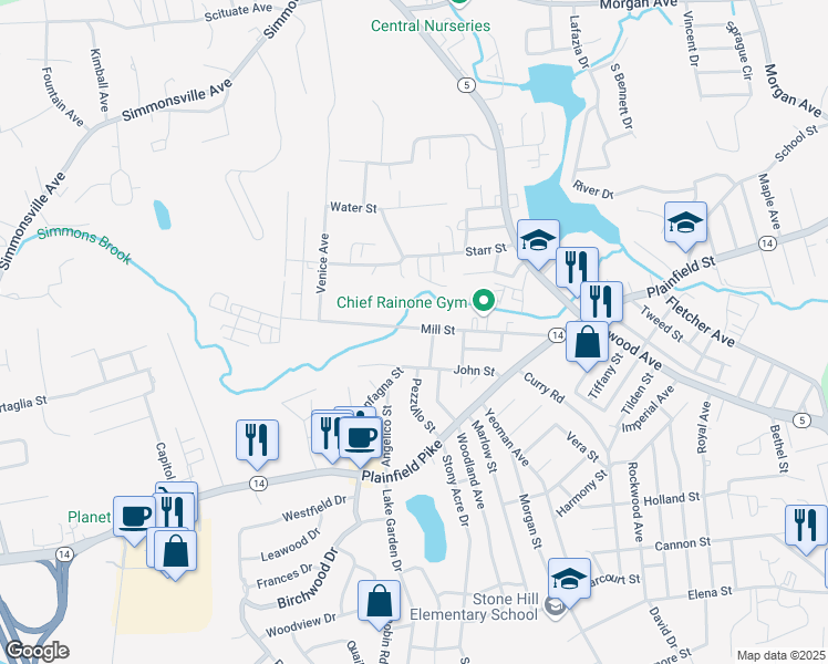 map of restaurants, bars, coffee shops, grocery stores, and more near 73 Mill Street in Johnston