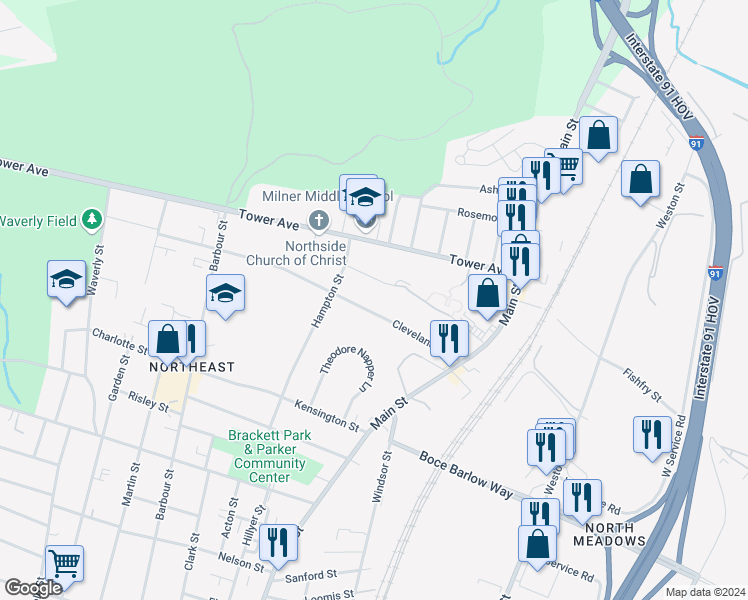 map of restaurants, bars, coffee shops, grocery stores, and more near 107 Montville Street in Hartford