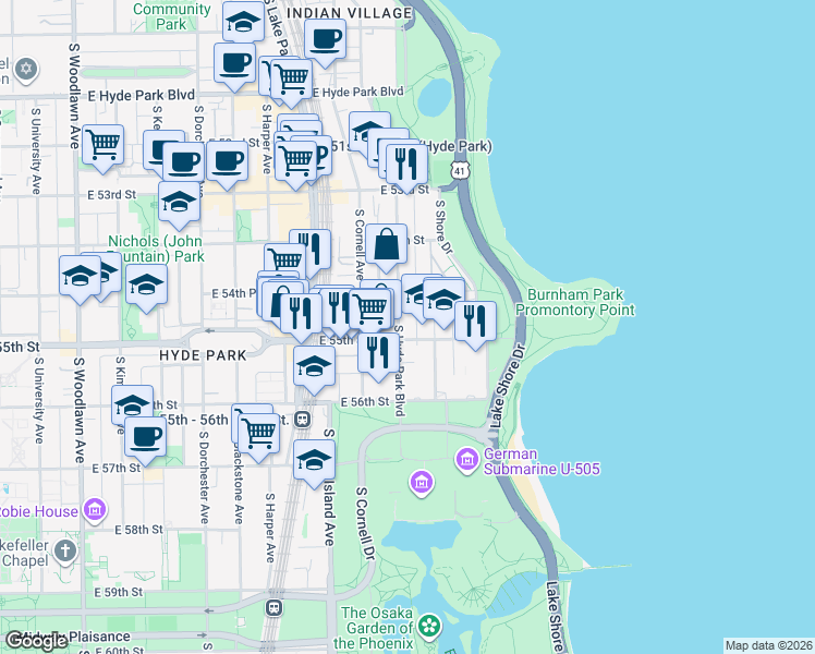 map of restaurants, bars, coffee shops, grocery stores, and more near 5479 South Hyde Park Boulevard in Chicago