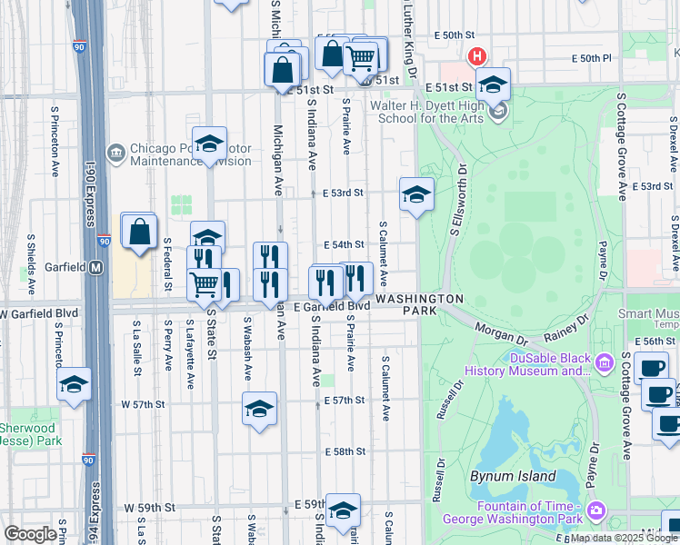 map of restaurants, bars, coffee shops, grocery stores, and more near 5416 South Prairie Avenue in Chicago