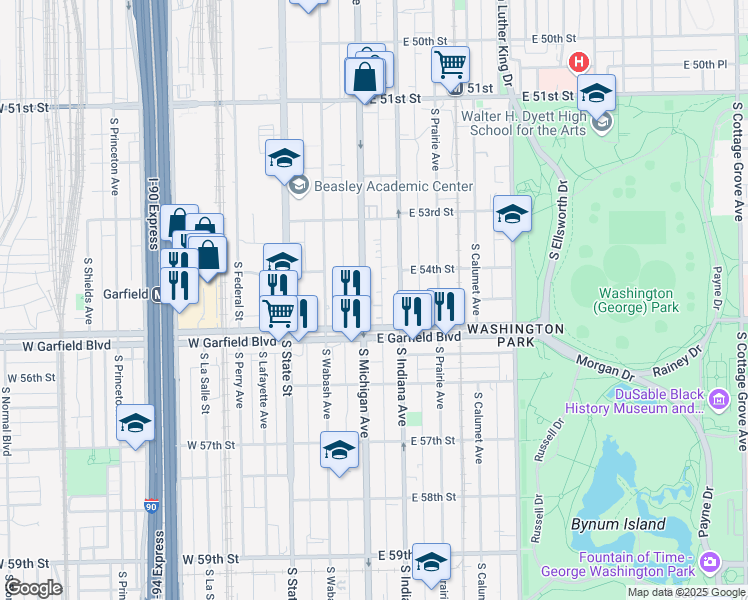 map of restaurants, bars, coffee shops, grocery stores, and more near 5419 South Michigan Avenue in Chicago