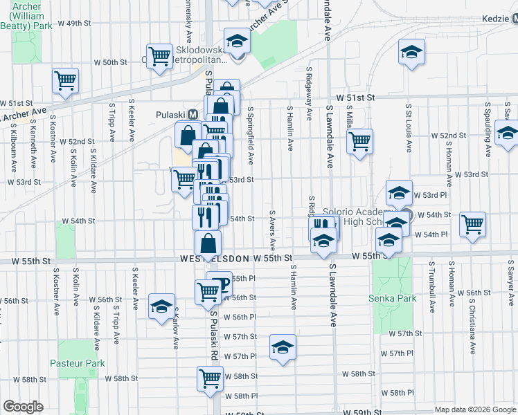 map of restaurants, bars, coffee shops, grocery stores, and more near 5330 South Avers Avenue in Chicago