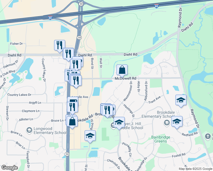 map of restaurants, bars, coffee shops, grocery stores, and more near 1500-1598 Mc Dowell Rd in Naperville