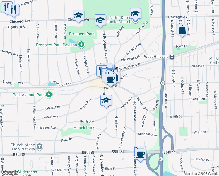 map of restaurants, bars, coffee shops, grocery stores, and more near 229 Park Avenue in Clarendon Hills