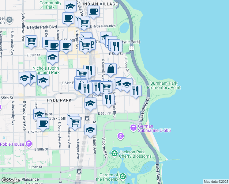 map of restaurants, bars, coffee shops, grocery stores, and more near 5491 South Hyde Park Boulevard in Chicago