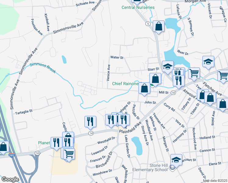 map of restaurants, bars, coffee shops, grocery stores, and more near 73 Mill St in Johnston