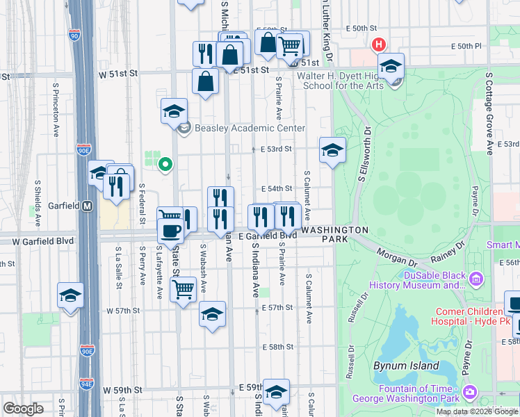 map of restaurants, bars, coffee shops, grocery stores, and more near 5412 South Indiana Avenue in Chicago