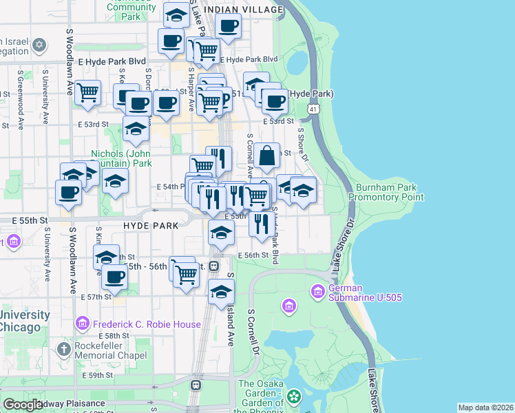 map of restaurants, bars, coffee shops, grocery stores, and more near 5465 South Cornell Avenue in Chicago
