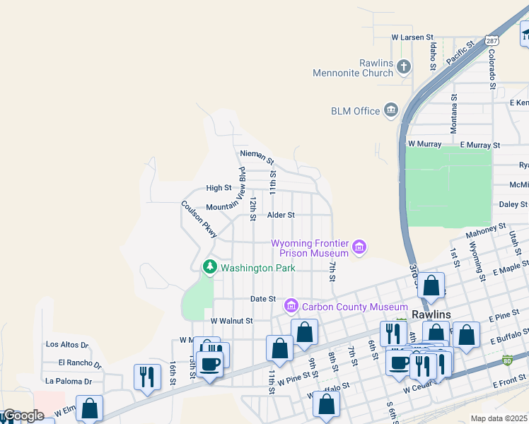 map of restaurants, bars, coffee shops, grocery stores, and more near 1110 11th Street in Rawlins