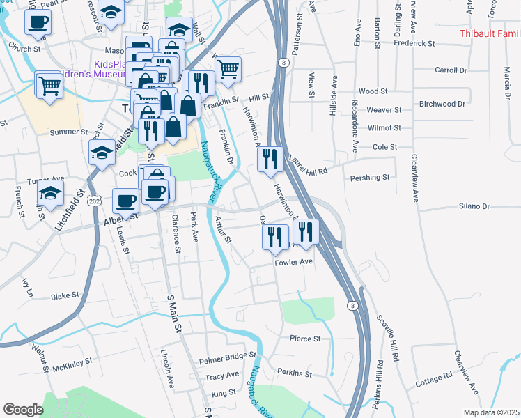 map of restaurants, bars, coffee shops, grocery stores, and more near E Albert St & Oak Ave in Torrington