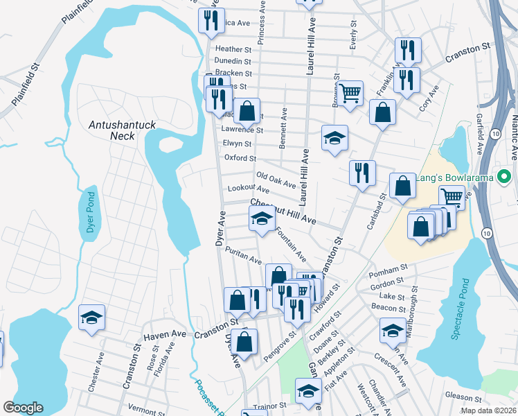 map of restaurants, bars, coffee shops, grocery stores, and more near in Cranston