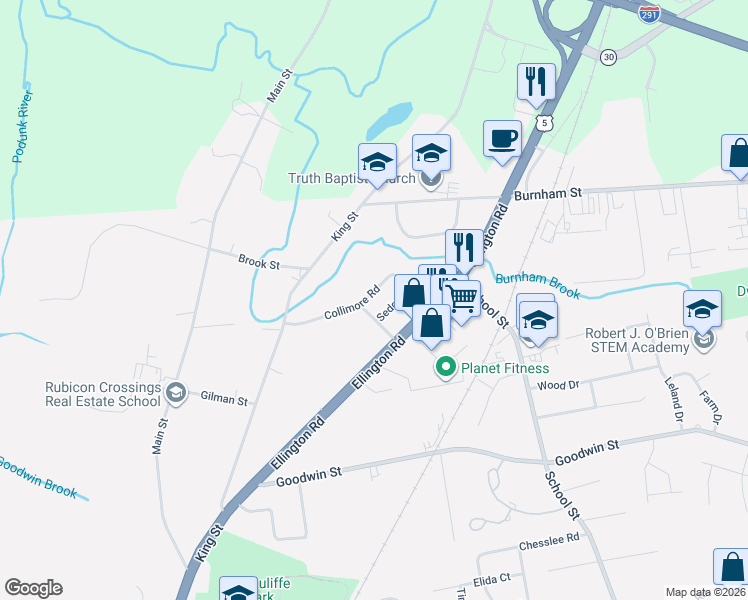 map of restaurants, bars, coffee shops, grocery stores, and more near 84 Collimore Road in East Hartford