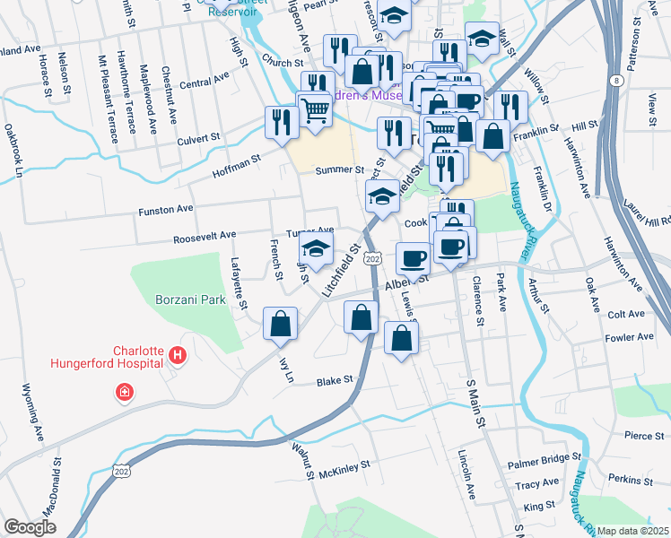 map of restaurants, bars, coffee shops, grocery stores, and more near 20 Seymour Street in Torrington
