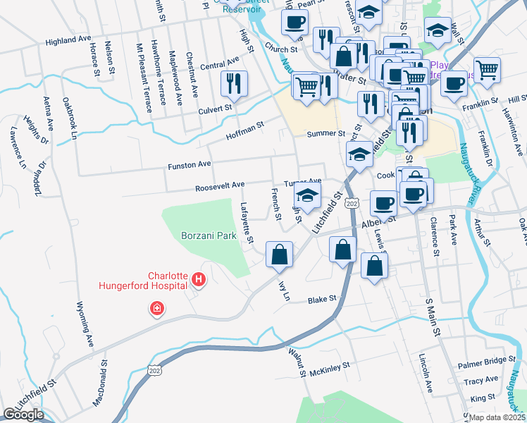 map of restaurants, bars, coffee shops, grocery stores, and more near 16 Maple Street in Torrington