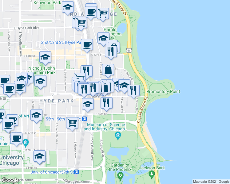 map of restaurants, bars, coffee shops, grocery stores, and more near 5479 South Hyde Park Boulevard in Chicago