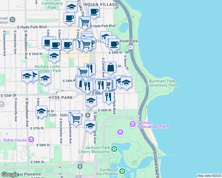 map of restaurants, bars, coffee shops, grocery stores, and more near 5465 South Cornell Avenue in Chicago