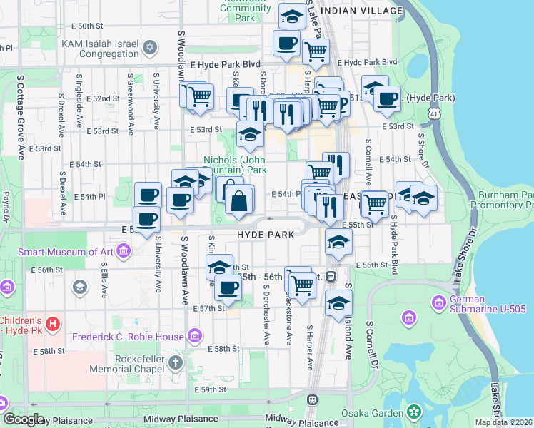map of restaurants, bars, coffee shops, grocery stores, and more near 1414 East Rochdale Place in Chicago