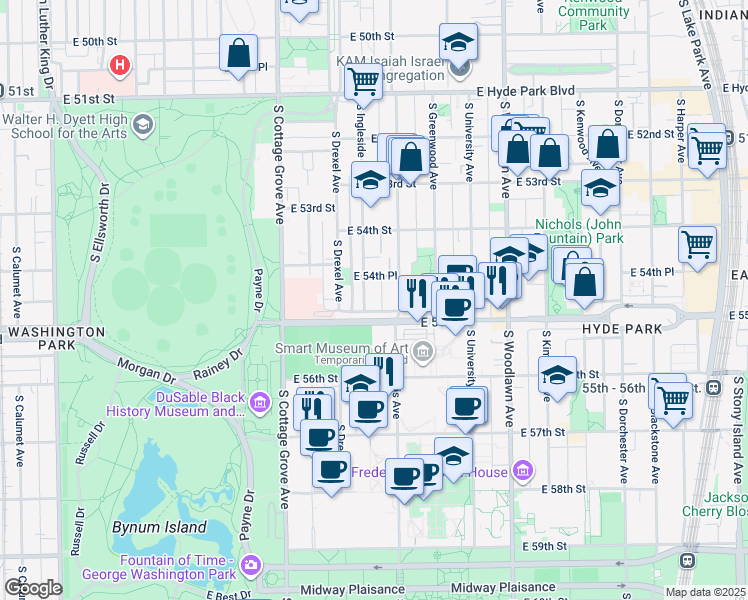 map of restaurants, bars, coffee shops, grocery stores, and more near 5466 South Ingleside Avenue in Chicago