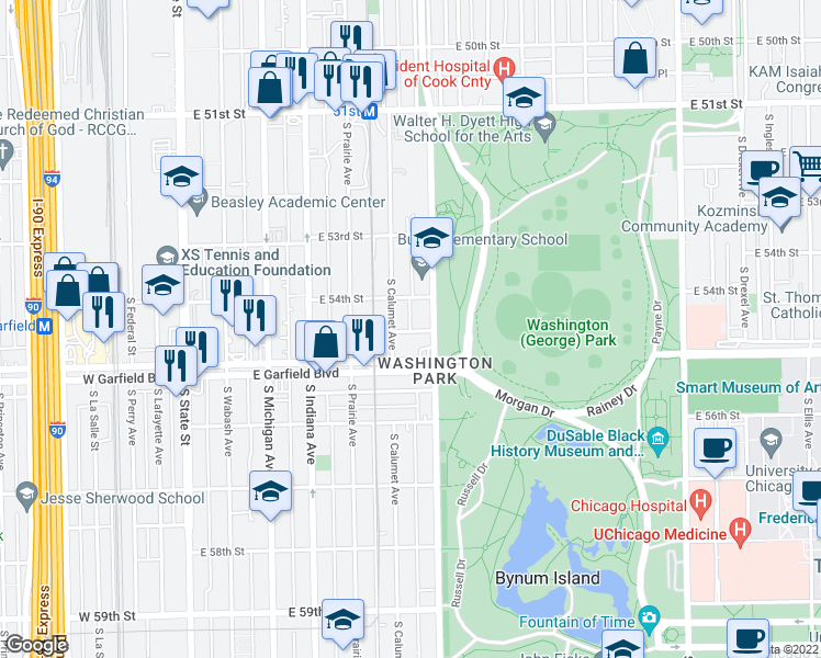 map of restaurants, bars, coffee shops, grocery stores, and more near 5410 South King Drive in Chicago