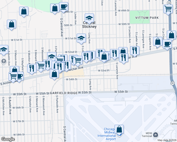map of restaurants, bars, coffee shops, grocery stores, and more near 5317 Long Avenue in Chicago