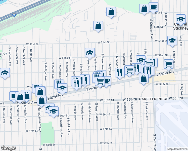 map of restaurants, bars, coffee shops, grocery stores, and more near 5302 South Austin Avenue in Chicago