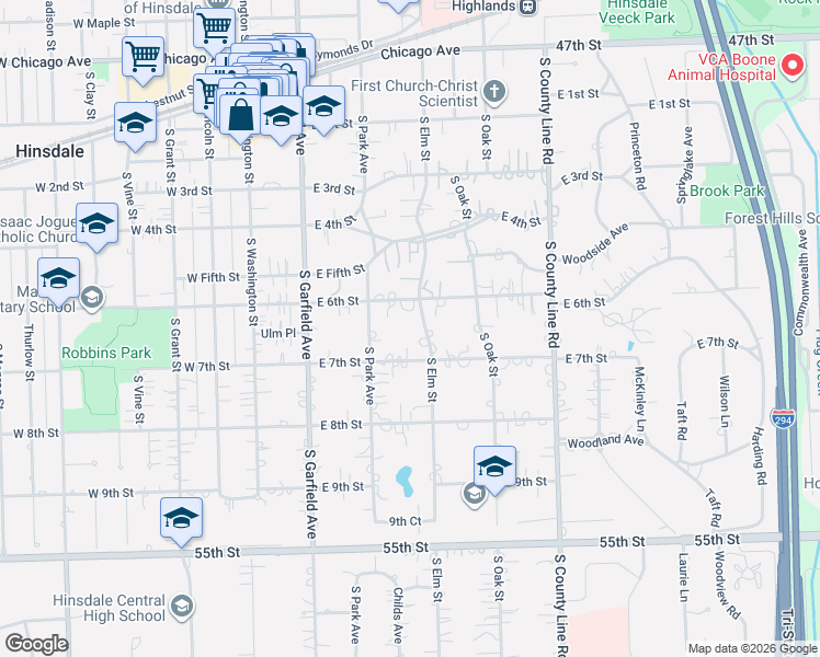 map of restaurants, bars, coffee shops, grocery stores, and more near 222 East 6th Street in Hinsdale