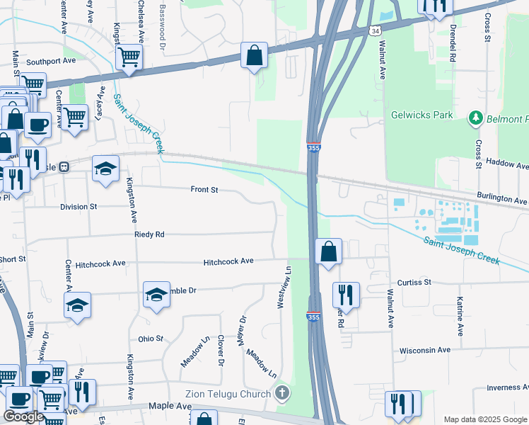 map of restaurants, bars, coffee shops, grocery stores, and more near 591 Front Street in Lisle