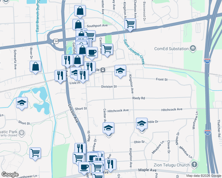 map of restaurants, bars, coffee shops, grocery stores, and more near 930 Division Street in Lisle