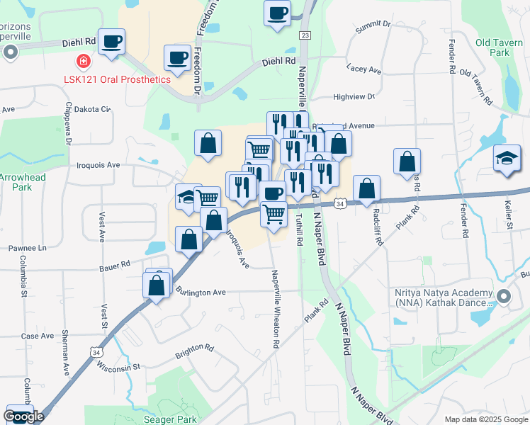 map of restaurants, bars, coffee shops, grocery stores, and more near 1301 Walter Payton Memorial Highway in Naperville