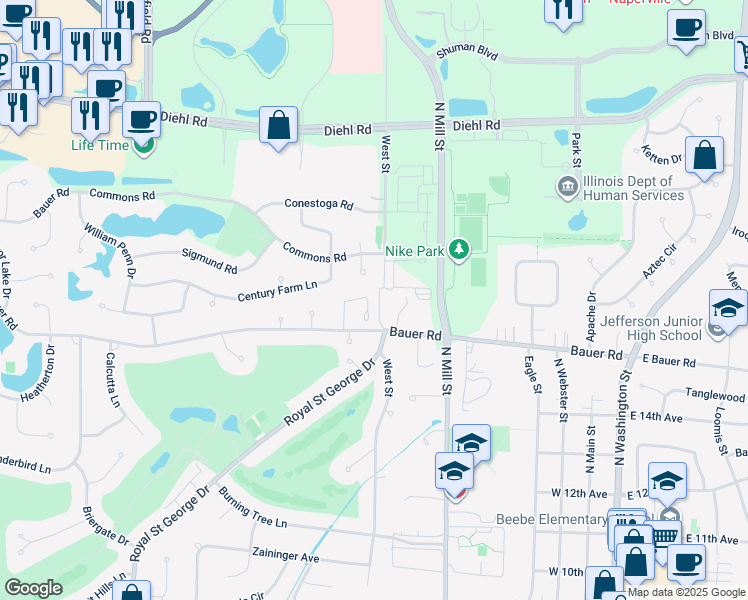 map of restaurants, bars, coffee shops, grocery stores, and more near 1521 Wedgefield Circle in Naperville