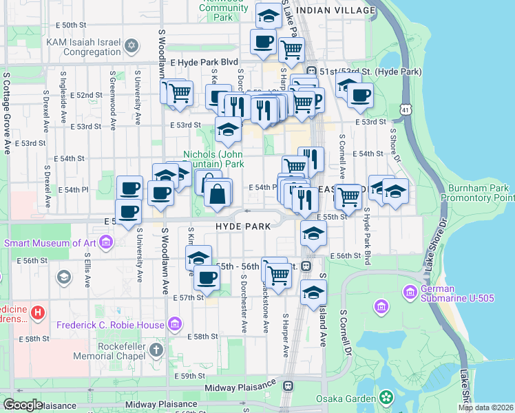 map of restaurants, bars, coffee shops, grocery stores, and more near 1414 East Rochdale Place in Chicago