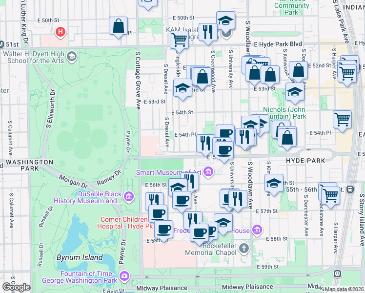 map of restaurants, bars, coffee shops, grocery stores, and more near 5466 South Ingleside Avenue in Chicago