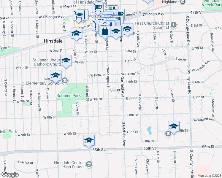 map of restaurants, bars, coffee shops, grocery stores, and more near in Hinsdale